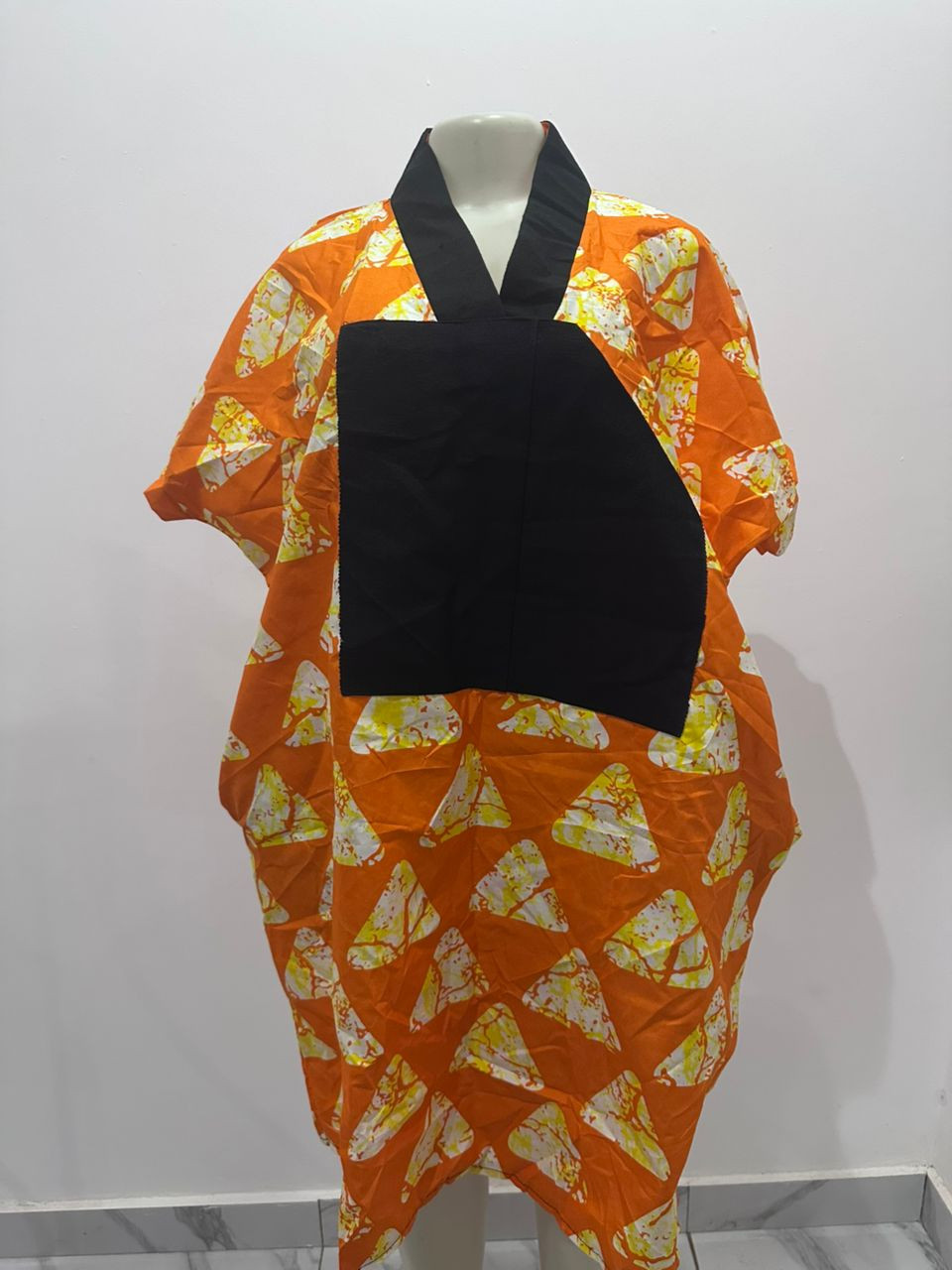 African Print Bubu Dress with Bold Statement Panel – One Size, Loose Fit, Breathable & Elegant