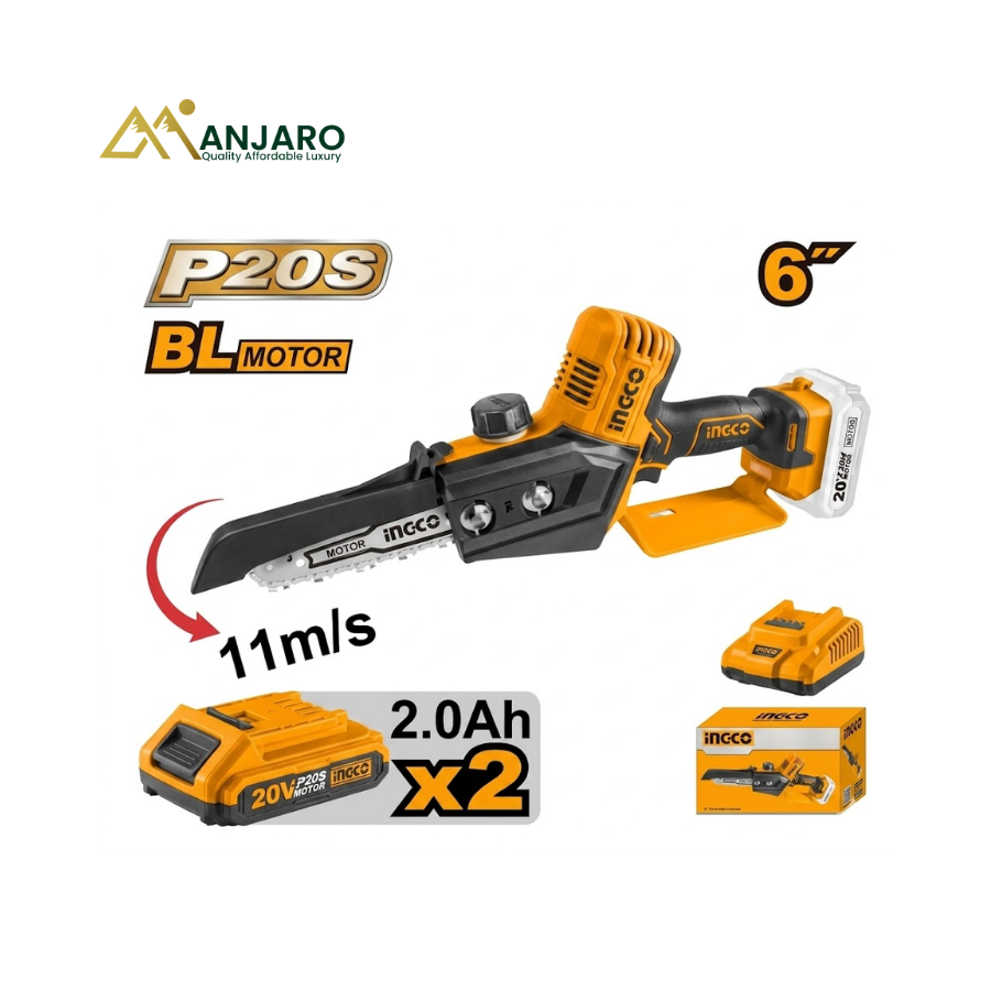 INGCO CGSLI20682 20V Cordless Mini Chain Saw – 6" Brushless Chainsaw with 2 Batteries & Fast Charger