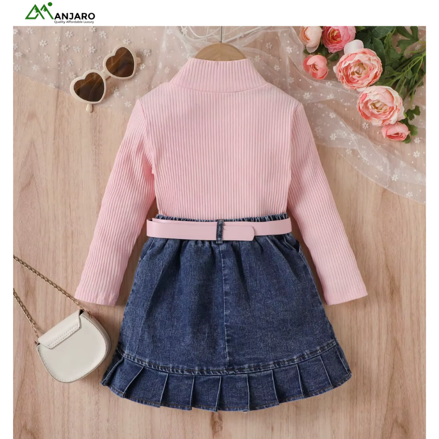 Girls Long-Sleeved Top & Denim Pleated Skirt Set – Western-Style Birthday Outfit with Anti-Wrinkle Comfort(Shipping Fee Included)