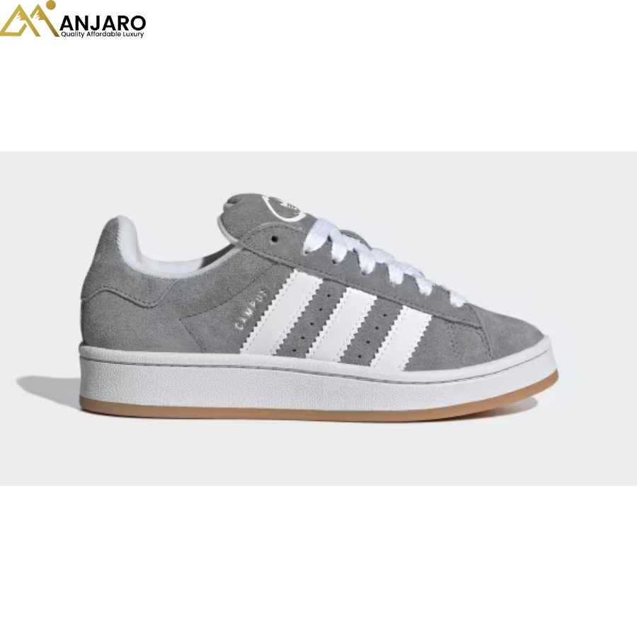 Adidas Campus 00s sneaker in a grey and white colorway with a gum sole