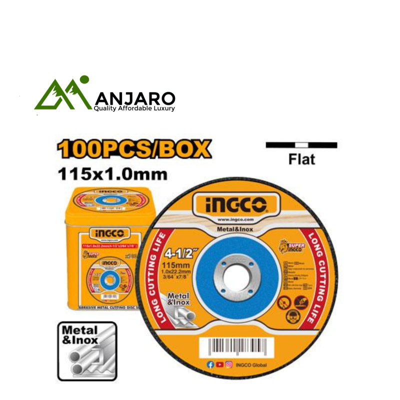 Ingco Abrasive Metal Cutting Disc Set – 115mm x 1.0mm x 22.2mm, 100pcs MCD10115100
