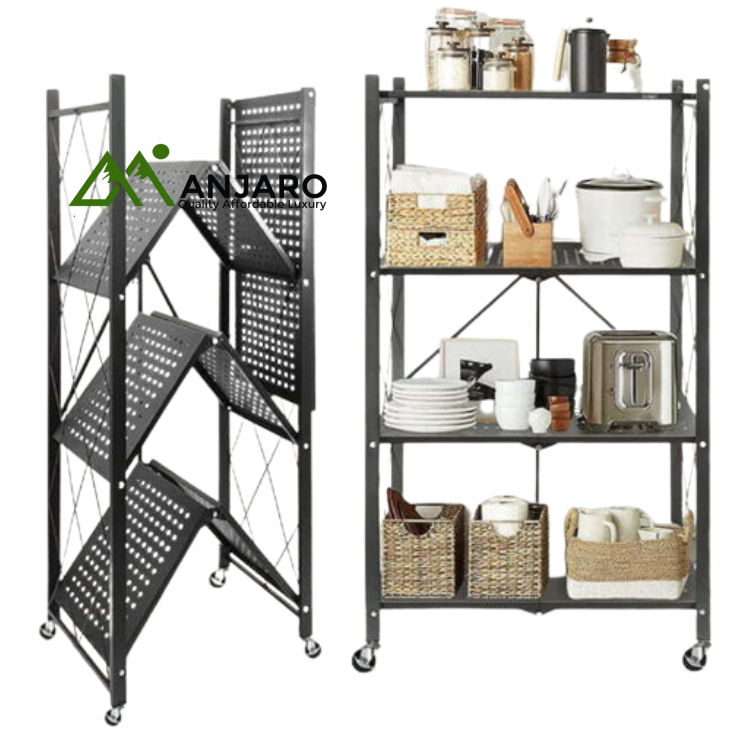 5-Tier Foldable Metal Shelf Storage Rack - Black | Heavy-Duty, Space-Saving Organizer for Home & Office