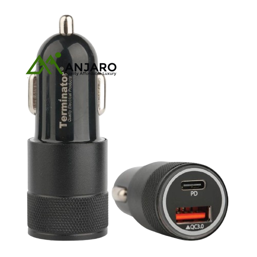 Terminator USB Car Charger TUSBCC 01-36W – Dual Port 36W Fast Charger (USB-A QC3.0 & USB-C PD) with Blue LED
