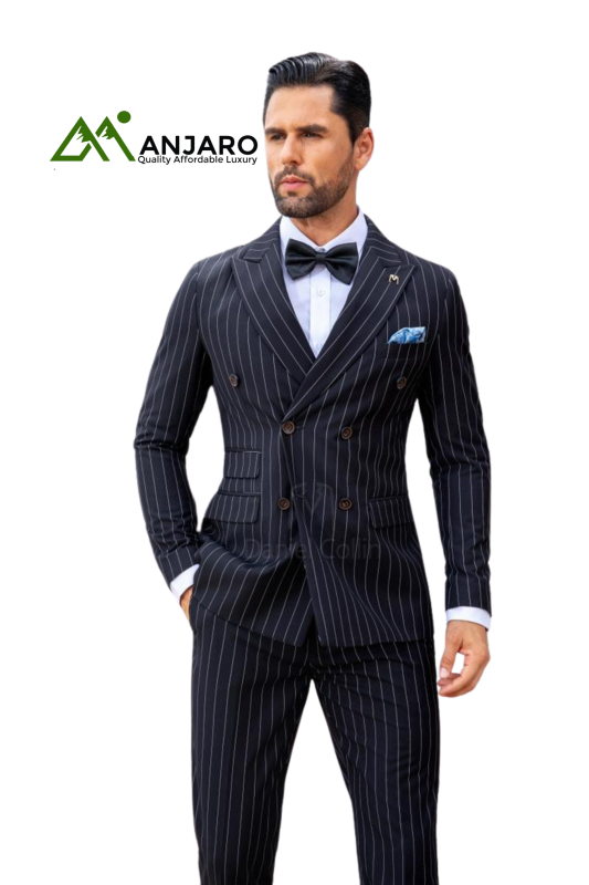 Men’s Stripe Double-Breasted Suit – Classic Pinstripe Elegance, 2-Piece Formal Set with Tailored Sophistication