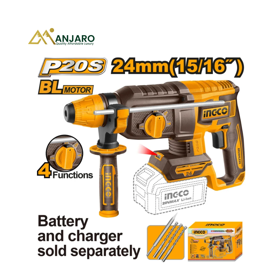 INGCO 20V Brushless Cordless Rotary Hammer – SDS Plus Chuck, 2.4J Impact Energy & 24mm Concrete Capacity CRHLI20248