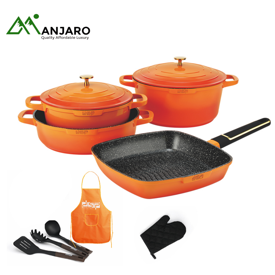 DSP 11-Piece Multi-Cookware Set | Orange Die-Cast Enamel Finish & Non-Stick Grill Pan | CA013-S01