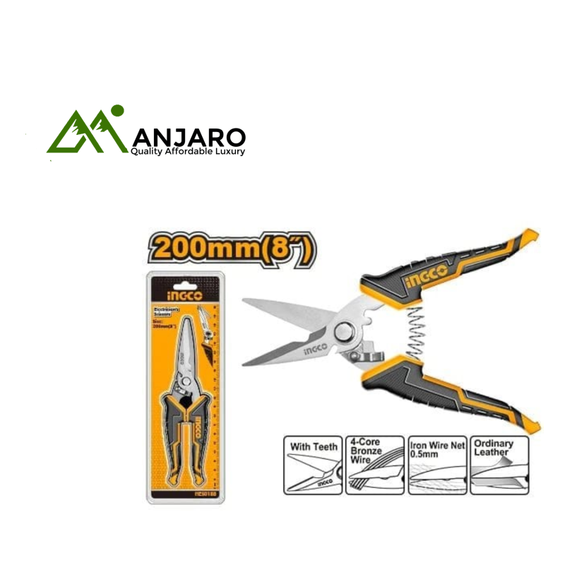 HES0188 8" Stainless Steel Electrician’s Scissors with Serrated Blade & Cutting Function – Precision & Durability