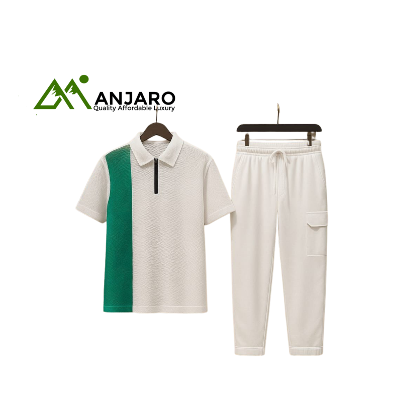 Perfectman Men’s White & Green Polo Jogger Set – 2-Piece Comfort Fit, Stylish & Breathable