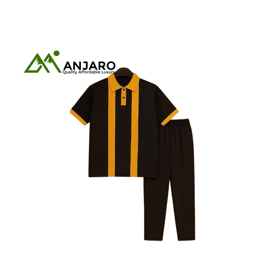 Black & Yellow Striped Two-Piece Outfit – Short Sleeve Polo Shirt with Vertical Stripes and Matching Black Pants