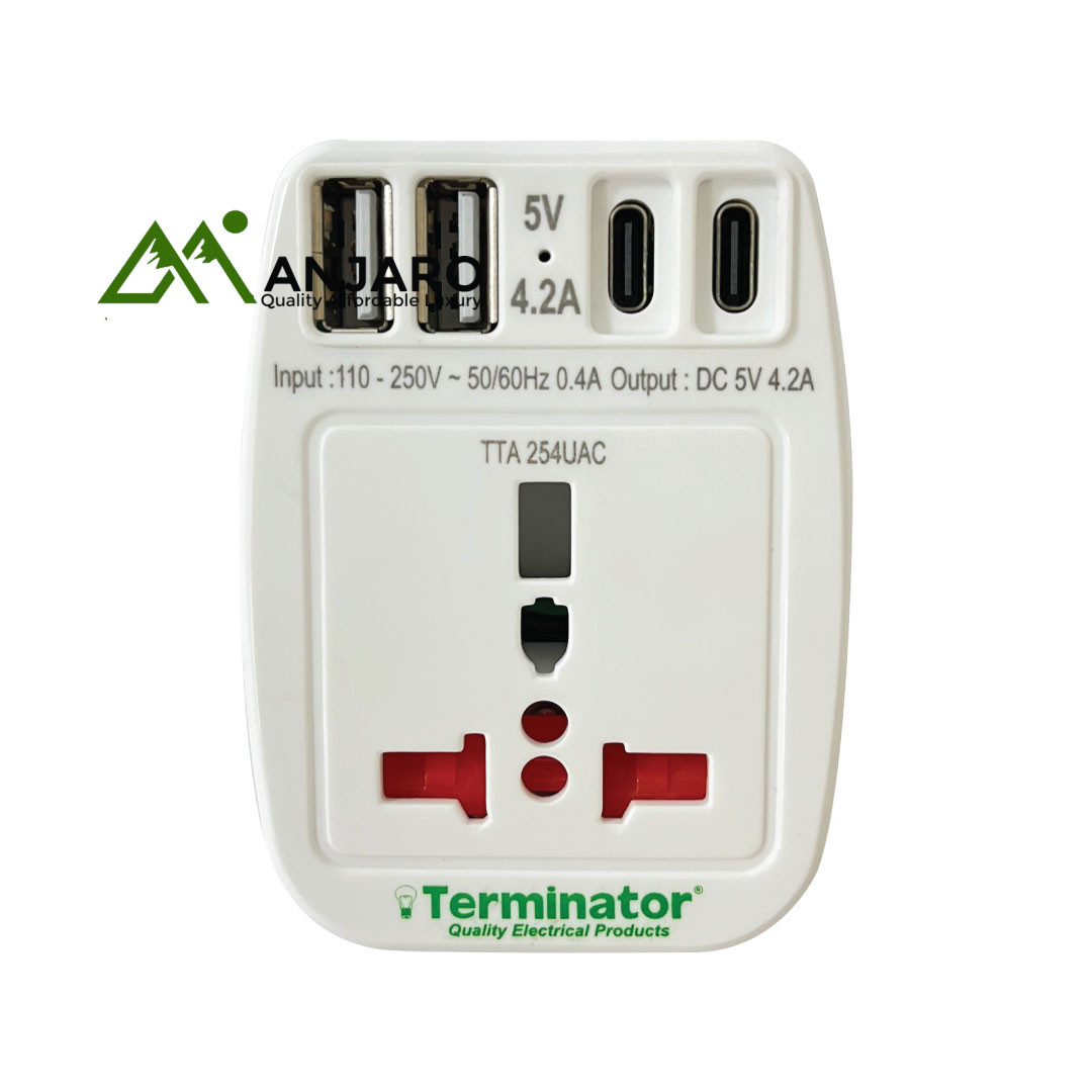 Terminator Universal Travel Adaptor TTA 254UAC – With 4 USB Ports (2 USB-A & 2 USB-C), USB Indicator & Interlock Button