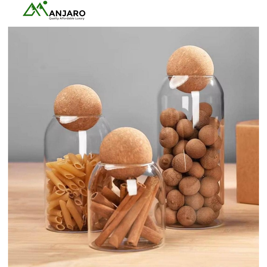 Set of 3 Modern Glass Storage Jars | Airtight Cork Ball Lids | Minimalist Kitchen Canister Set
