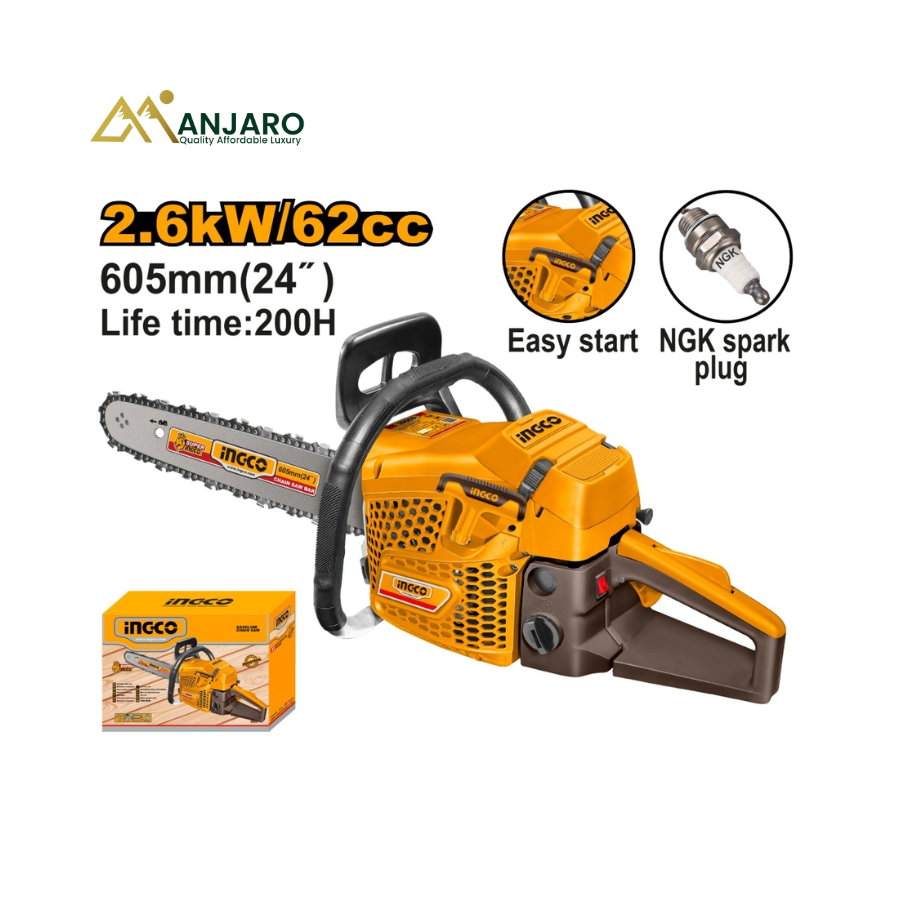 Ingco Gasoline Chain Saw 62cc 24-Inch 2.6kW Easy Start GCS5622611