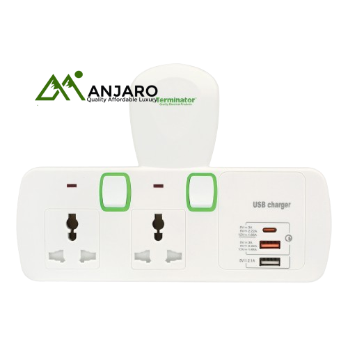 Terminator Multi Adaptor TMA 2T-3UAC – 3-Way Universal T-Socket with 3 USB Ports (Type-A & Type-C), Individual Switches & 13A Plug