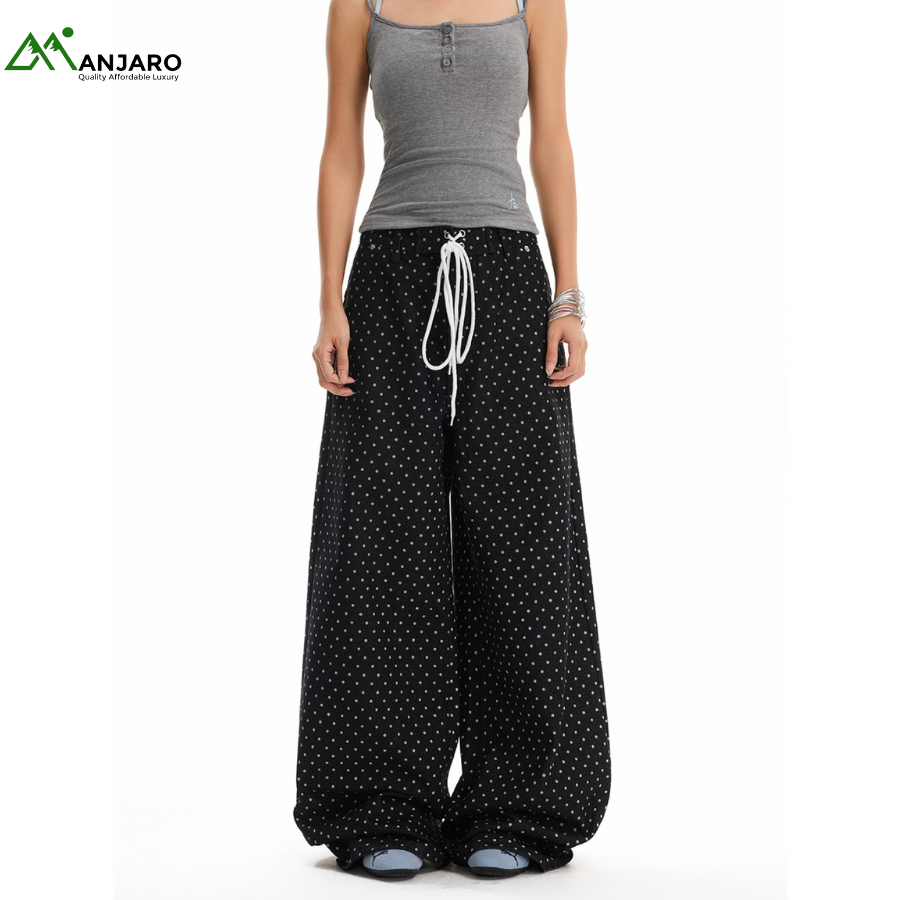 American Retro Polka Dot Drawstring Black Straight-Leg Jeans – Wide-Leg High-Waist Loose-Fit Floor-Length Pants – N7033(Shipping Fee Included)