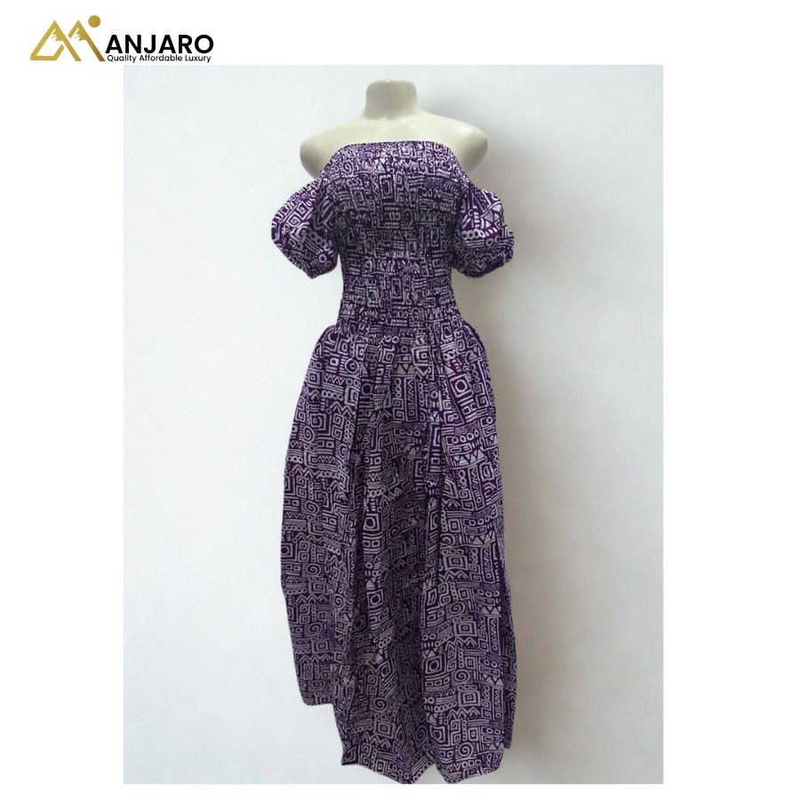 Off-Shoulder Smocked Maxi Dress – Purple & White Tribal Motif