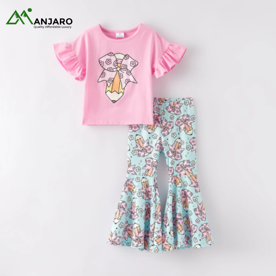 RTS Kids Girls Summer Back-to-School Bow Print Shirt & Flare Pants Set – Soft Cotton Casual Outfit(Shipping Fee Included)