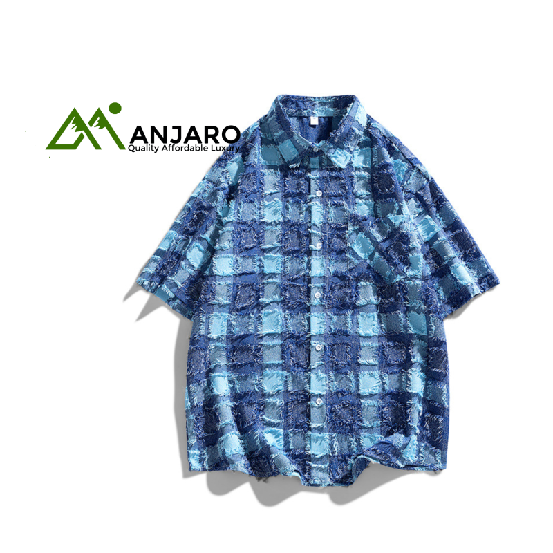 Men’s Summer Casual Work Shirt – Simple Clean Blue Plaid Color-Blocked Short Sleeve Linen Cotton