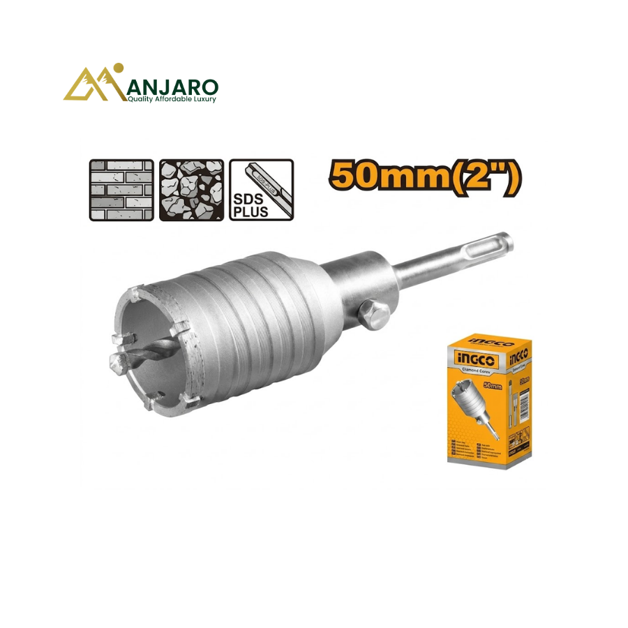 INGCO HCB0501 50mm TCT Hole Core Bit | SDS Plus Masonry Hole Saw with Adaptor & Drill Bit