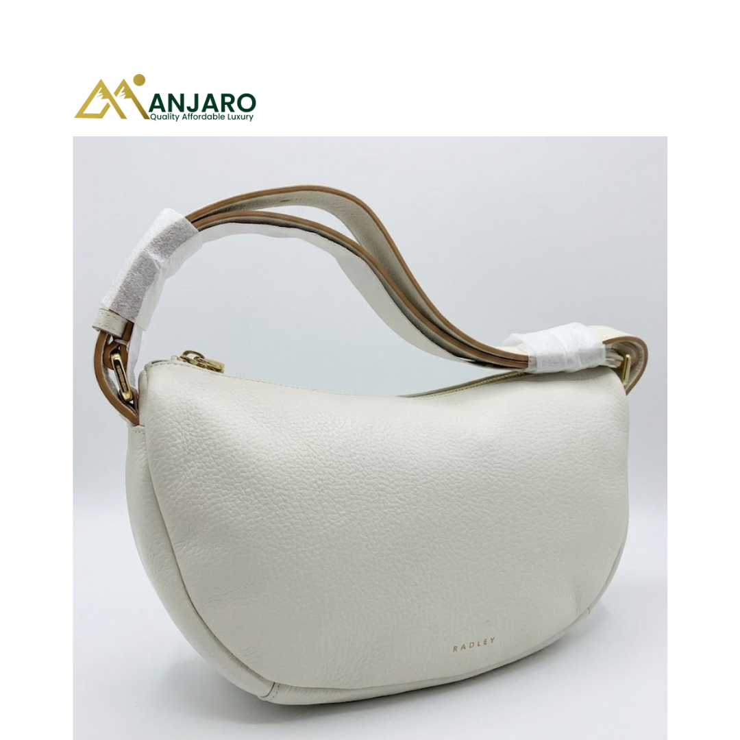 White Pebbled Leather Crescent Shoulder Bag – Women’s Elegant Designer Handbag