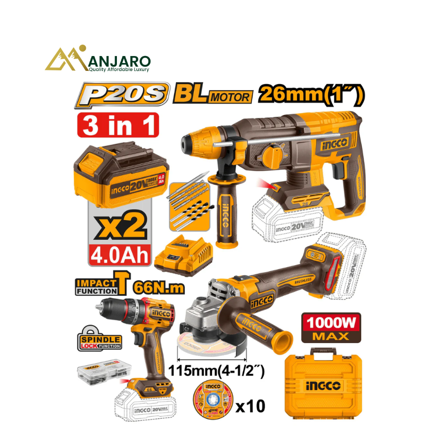 INGCO 20V 3-Piece Brushless Cordless Combo Kit – Impact Drill, Angle Grinder & Rotary Hammer CKLI202598