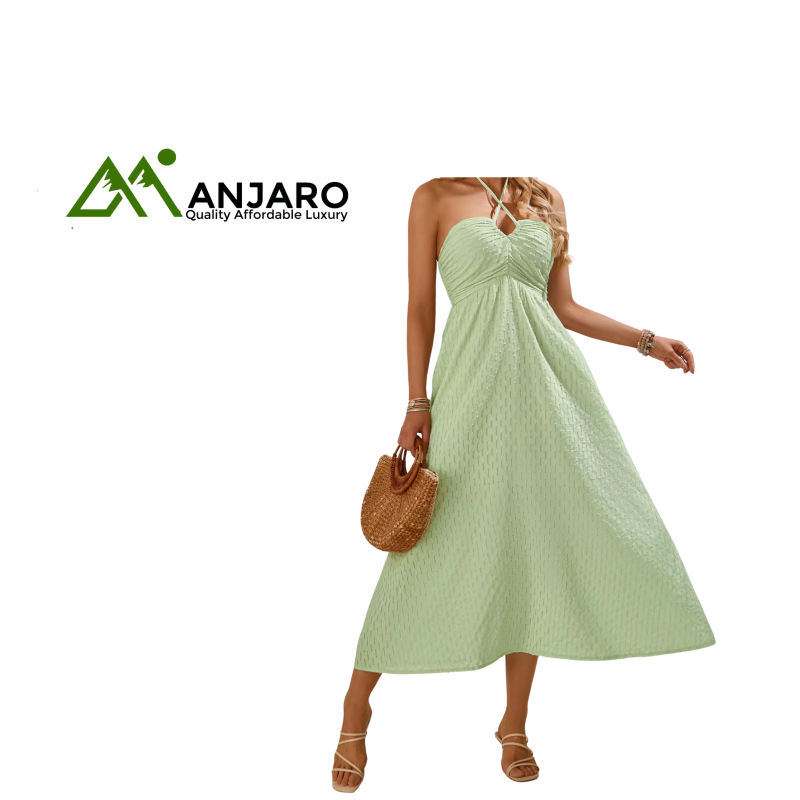 D&M Sleeveless Halter Satin Midi Dress – Backless Elegant Summer Party Dress (Regular Fit)