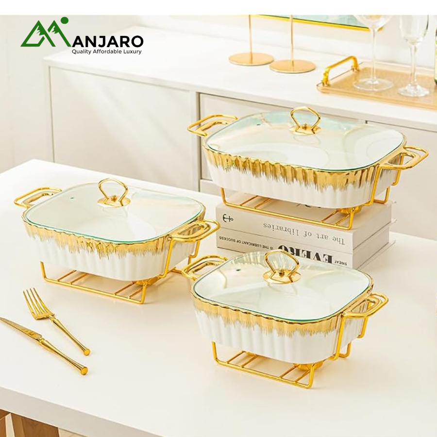 Luxury Ceramic Chafing Dish Set – 3-Piece Buffet Food Warmers with Gold Stand & Glass Lids