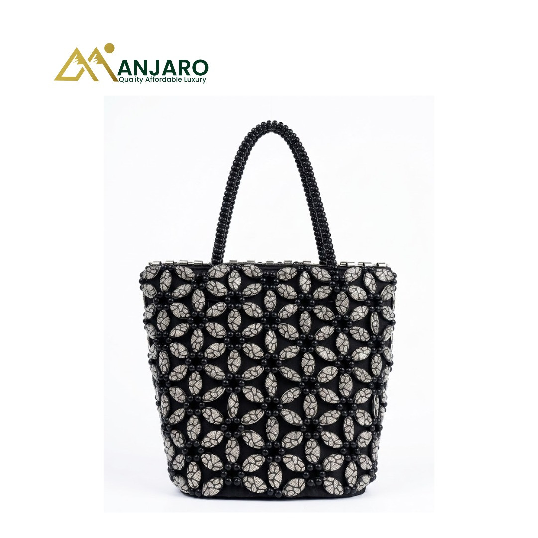 Artisan Petal-Weave Obsidian Tote – Silver Lining Fusion