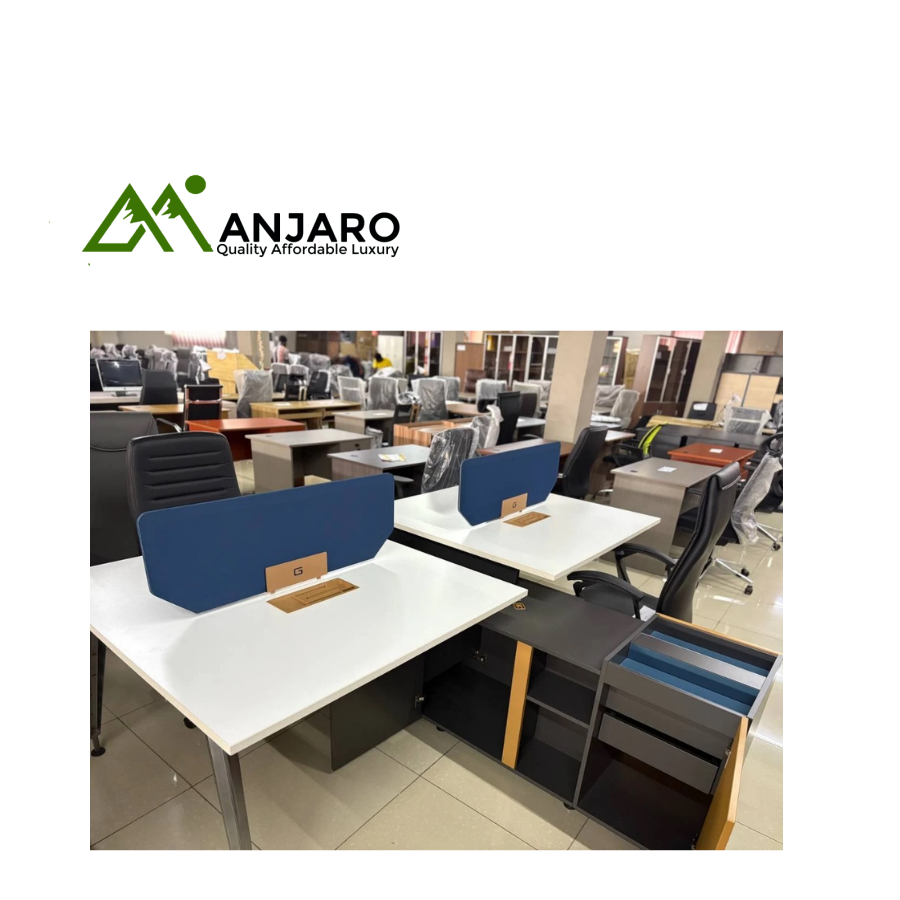 Modern Dual-Station Office Workstation with Blue Privacy Screens & Integrated Storage – Collaborative Efficiency & Focus