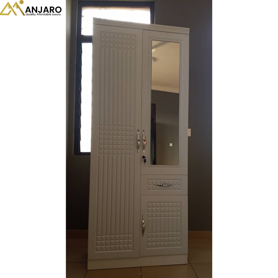 Modern White 2-Door Wardrobe with Integrated Mirror and Drawer