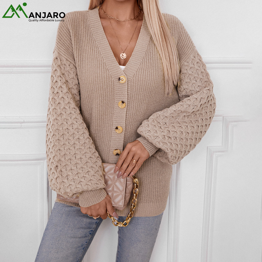 D&M Women’s Plus Size V-Neck Long Cardigan Sweater – Lantern Sleeve Knitted Pullover with Tie Belt(Shipping Fee Included)