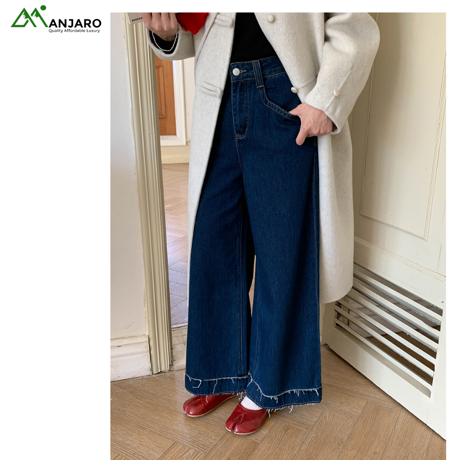 Denim Diary High-Waisted Wide-Leg Jeans - Frayed Edges & Patchwork Design, Comfort Fit - ZY3483(Shipping Fee Included)