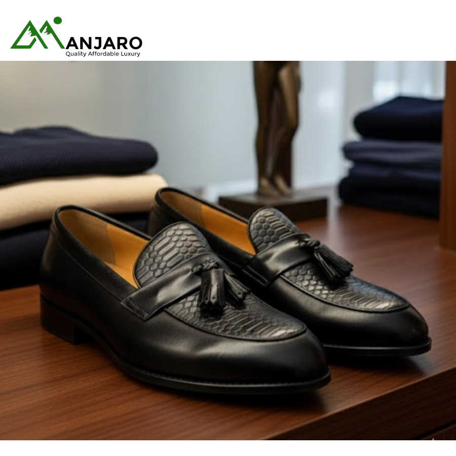 John Foster Premium Black Tassel Loafers | Embossed Leather Slip-On Dress Shoes for Men