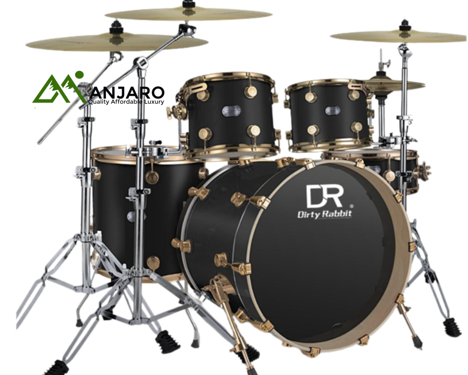 DR-8 Black Gold 5-Piece Drum Set with Cymbals & Throne – Birch Shells, Rome Head Skins