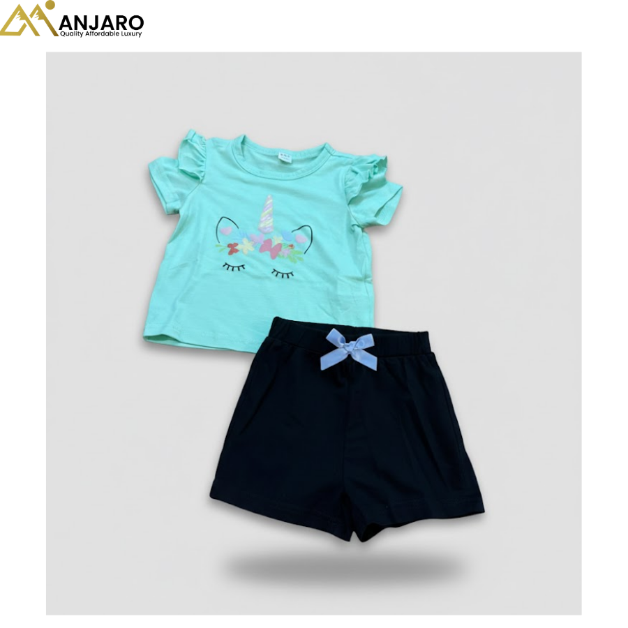 Girls Unicorn Print T-Shirt & Black Shorts Set – 2 Piece Outfit (Size 2/3 Years)