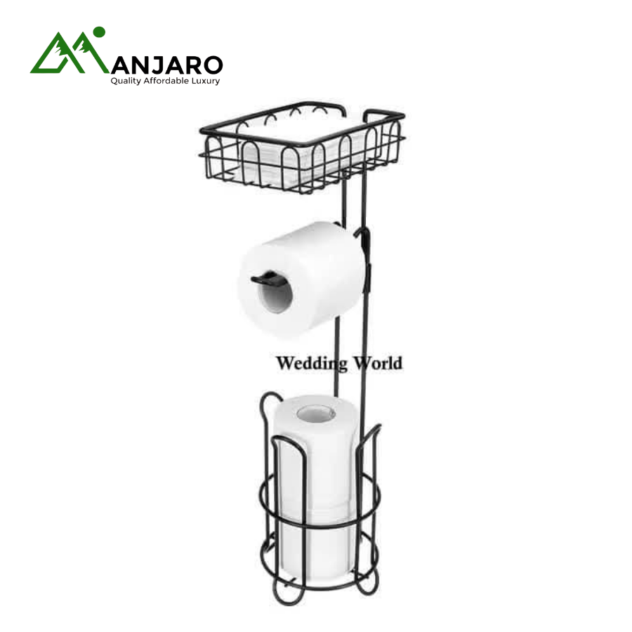 Black Metal Freestanding Toilet Roll Holder | Triple Function Dispenser, Storage, & Basket | Rust-Resistant