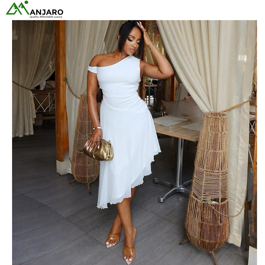 European & American Asymmetrical Neckline Sleeveless Midi Dress – Irregular Hem Solid Color Women’s Fashion Dress(Shipping Fee Included)