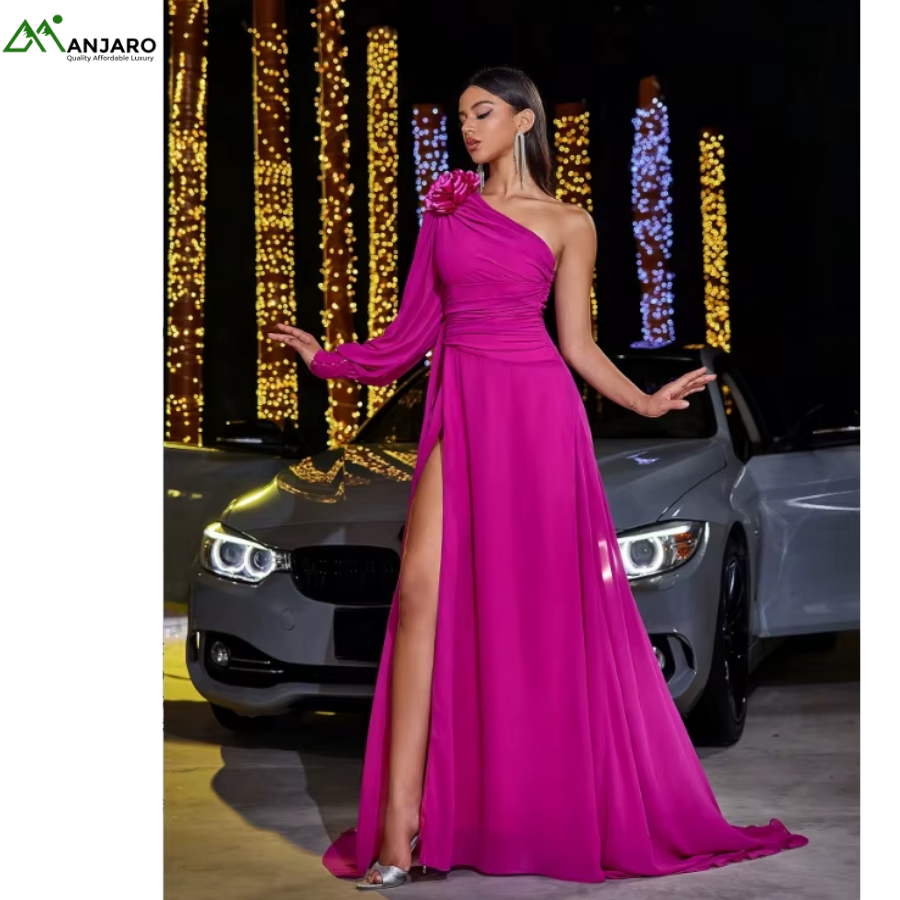 D&M Women’s Custom One-Shoulder Floor-Length Ball Gown – Elegant Party Dress with Flower & Ruffle Detail(Shipping Fee Included)