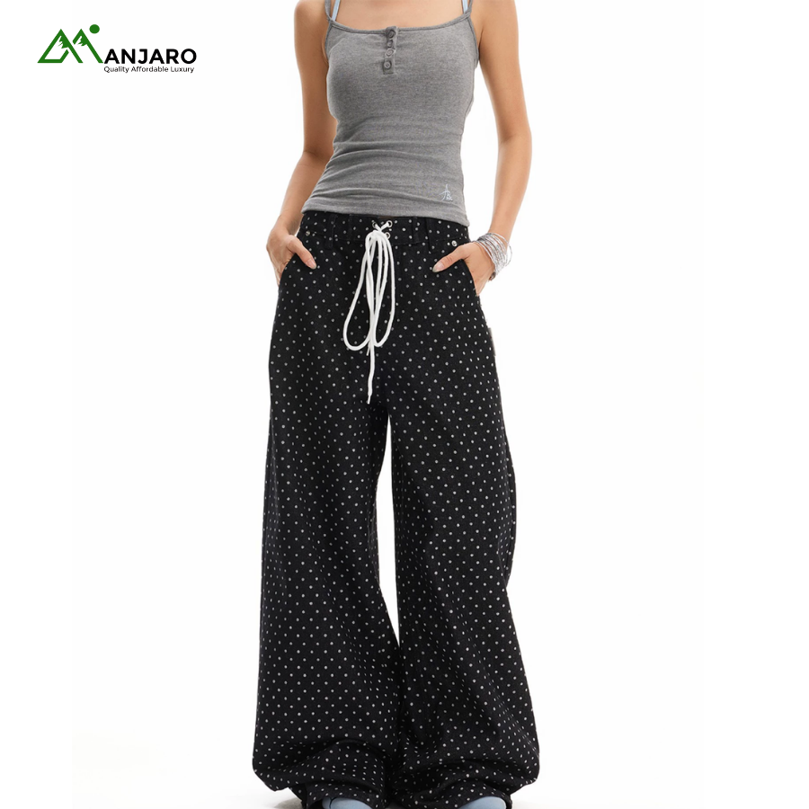American Retro Polka Dot Drawstring Black Straight-Leg Jeans – Wide-Leg High-Waist Loose-Fit Floor-Length Pants – N7033(Shipping Fee Included)