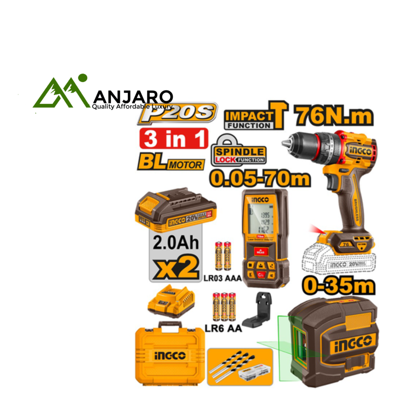 COSLI250511 20V Cordless Drill Combo Kit – 76Nm Brushless Impact Drill with Laser Level (35m) + Distance Detector (70m)