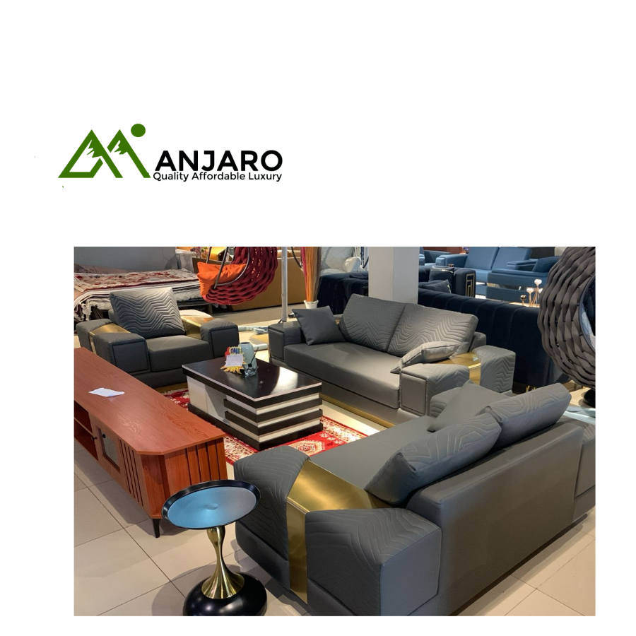 Velocity Edge 5-Seater Sectional Sofa Set - Dark Grey Leatherette with Gold & Wood Accents