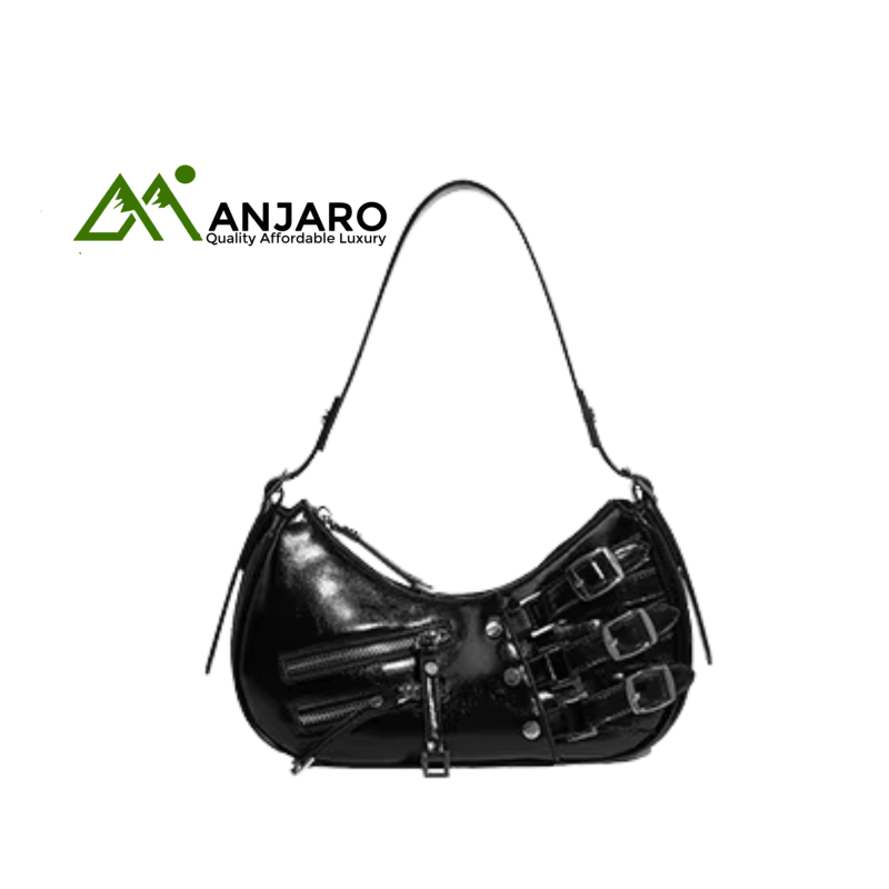 Black Bright Face Retro Motorcycle Shoulder Bag – PU Crossbody Underarm Handbag for Women