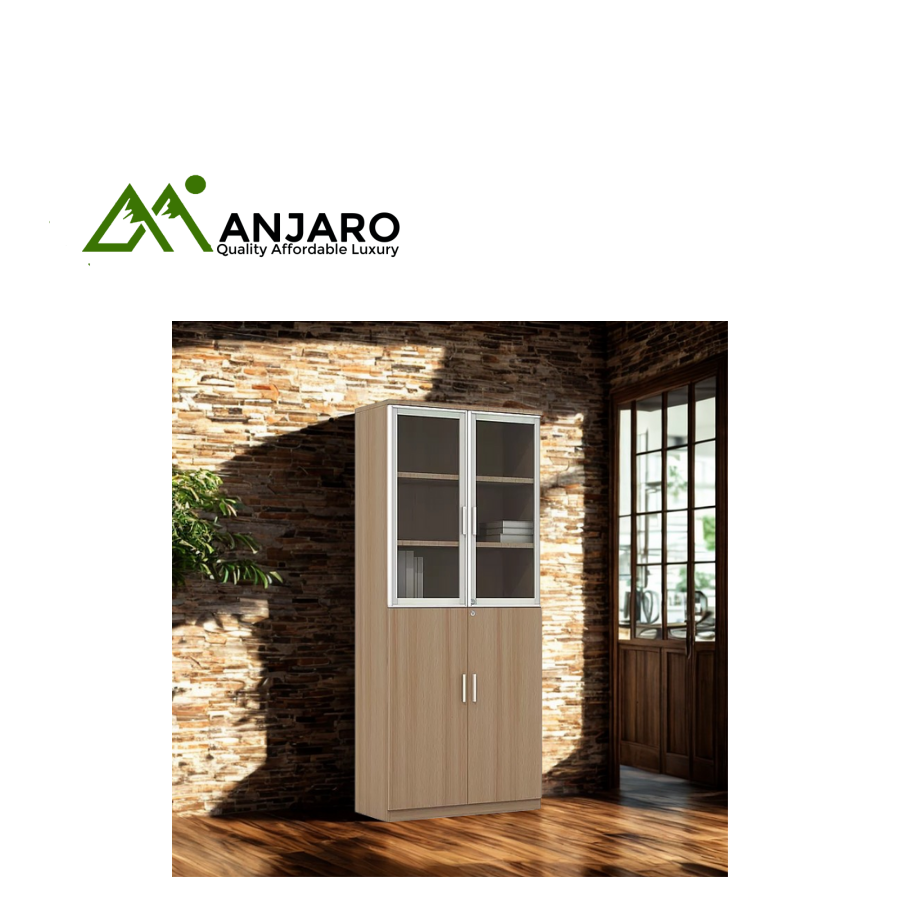 Modern Wooden Storage Cabinet with Locking Glass and Wood Doors (Light Oak Finish) – Professional Display & Filing