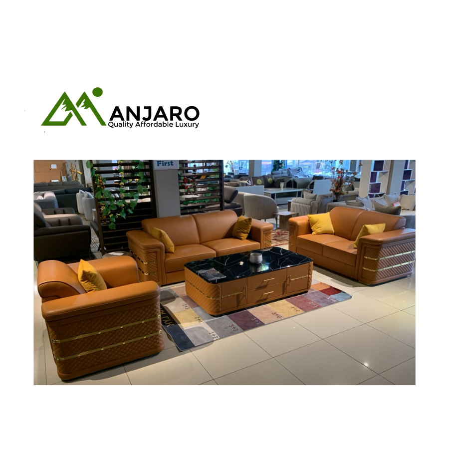 Executive Heritage 4-Piece Leatherette Sofa Set & Black Marble Coffee Table - Gold Accents & Quilted Panels