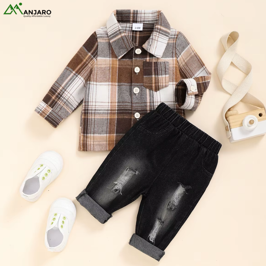 New Spring Children’s 2-Piece Clothing Set – Long Sleeve Shirt & Pants Jeans, Casual Red Kids Outfit (Shipping Fee Included)