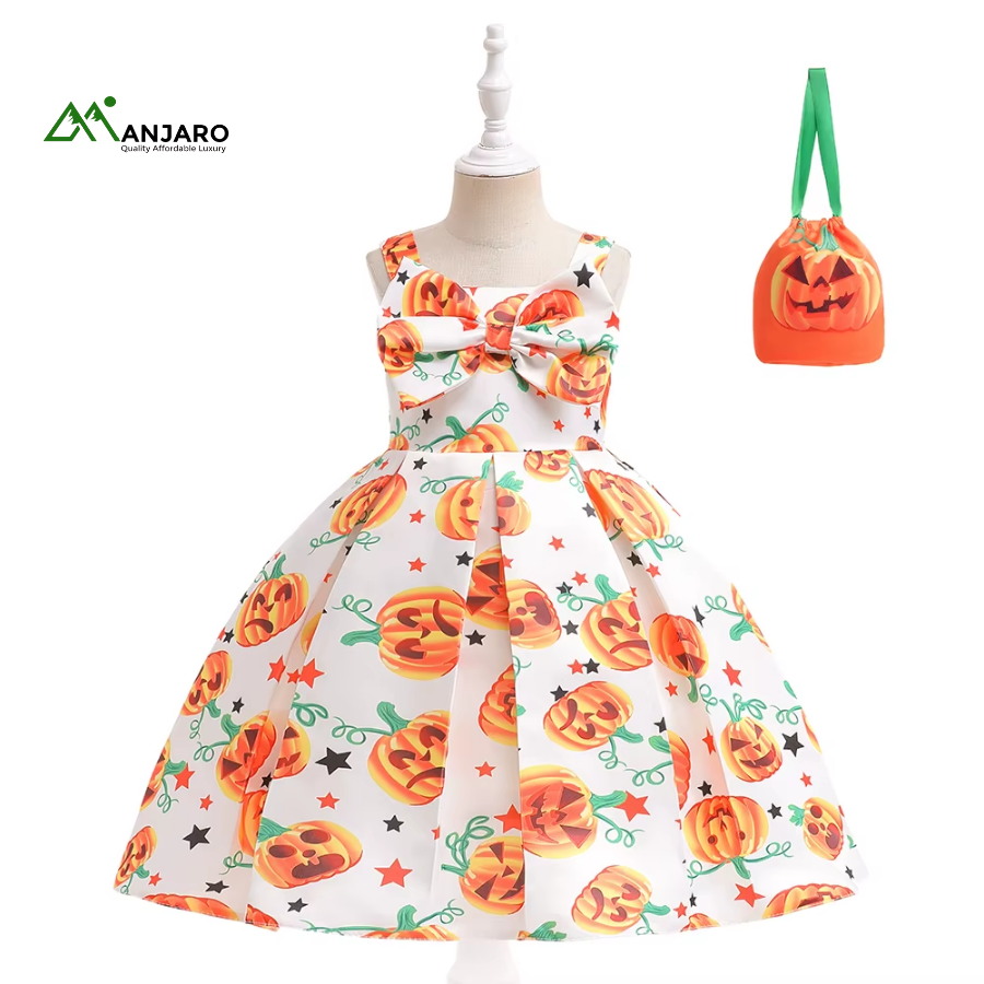 Girls Satin Floral Cartoon Party Dress with Free Bag | Summer Knee-Length Ball Gown(Shipping Fee Included)