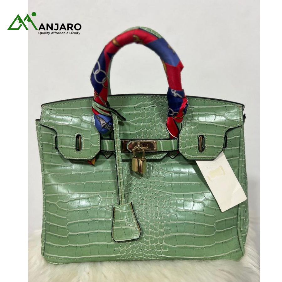 Mint Green Croc-Embossed Birkin Style Top Handle Bag – Luxurious Statement Tote with Gold Lock & Handle Scarf