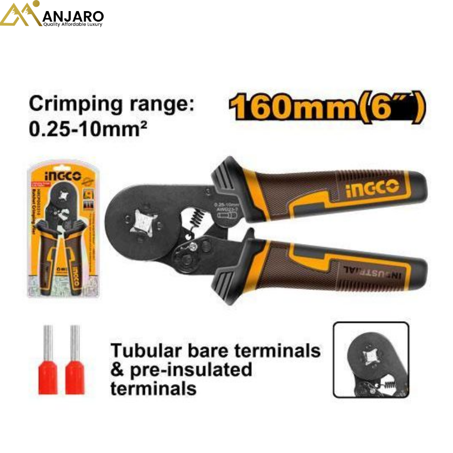 INGCO Ratchet Crimping Plier – 0.25–10mm² Electrical Terminal Tool (6”) HRCPG05210