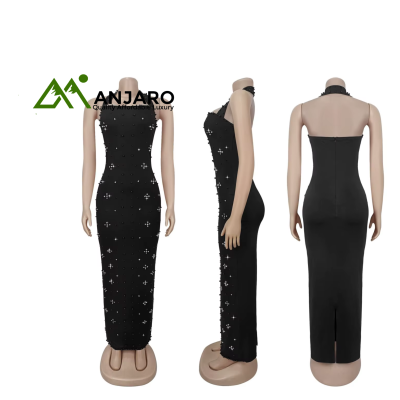 Halter Maxi Dress Dinner Gown – Beaded Bandage Bodycon with Lantern Sleeves & V-Neck | Chunya