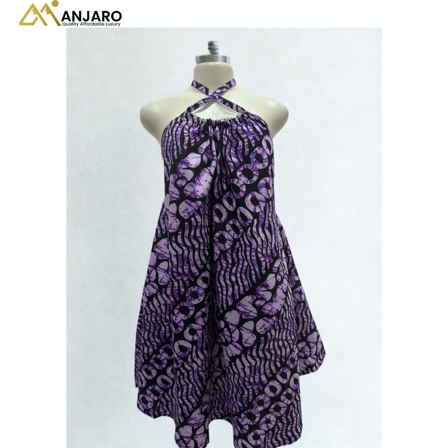 Ankara Halter Neck Flare Dress – Purple & Black