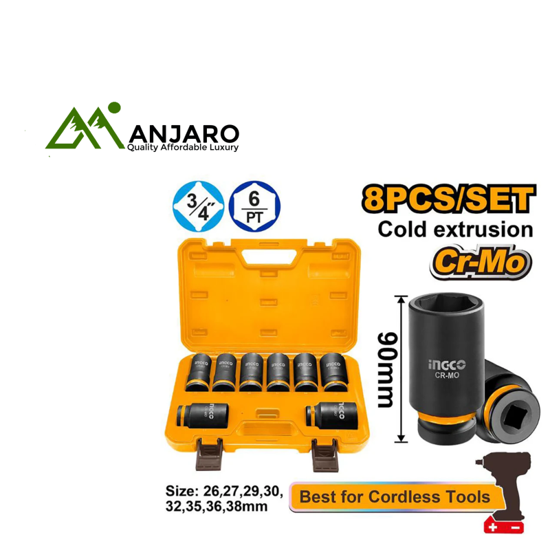 HKISSD34082L – 8 Pcs 3/4" Drive Deep Impact Socket Set | Cr-Mo Steel, Heavy-Duty Precision for Industrial Torque Tools